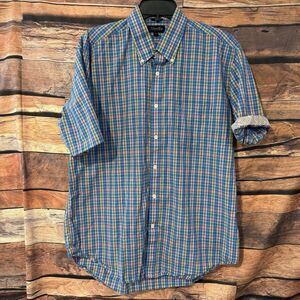 Viyella Mens Large Blue Multi Plaid Button Down Shirt Short Sleeve Contrast Trim